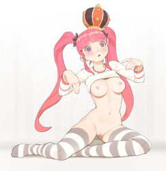 Rule 34 | 1girl, blush, bottomless, breasts, clothes lift, cum, highres, navel, nipples, no shoes, one piece, open mouth, perona, pink hair, pussy, shirt lift, solo, stomach, tagme, thighhighs, uncensored, white background
