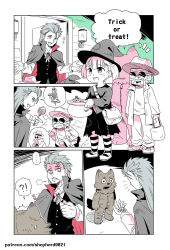 Rule 34 | !?, 1girl, ^^^, candy, cape, child, comic, fang, food, halloween, halloween costume, hat, highres, invisible man, long hair, original, pantyhose, shepherd0821, spoken interrobang, vampire, werewolf, witch, witch hat