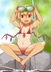 Rule 34 | 1girl, alternate costume, arms up, bikini, blonde hair, feet together, flandre scarlet, front-tie top, goggles, hair between eyes, knees apart feet together, navel, no headwear, one-piece tan, open mouth, red bikini, red eyes, shimouki izui, side ponytail, sitting, smile, snorkel, solo, spread legs, swimsuit, tan, tanline, touhou, water, wet, wings