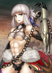 Rule 34 | 1girl, abs, bandeau, bare shoulders, belt, black gloves, blue ribbon, blunt bangs, blurry, breasts, brown belt, cape, chain, claw (weapon), cloud, commentary request, cowboy shot, debris, depth of field, dust, elbow gloves, fate/grand order, fate (series), fingerless gloves, fur-trimmed cape, fur trim, gloves, gradient sky, grey eyes, grey hair, hair ribbon, halterneck, hand up, holding, kotera ryou, looking at viewer, looking to the side, medium breasts, navel, open mouth, penthesilea (fate), red cape, ribbon, serious, short hair, sidelocks, sky, solo, standing, toned, underboob, waist cape, weapon, wing collar