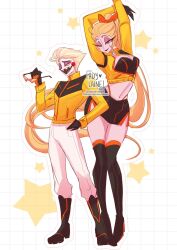 1boy 1girl adylaineart breasts couple demon demon_boy demon_girl demon_horns hazbin_hotel highres horns husband_and_wife jacket lilith_(hazbin_hotel) long_hair looking_afar lucifer_morningstar_(hazbin_hotel) miniskirt skirt very_long_hair yellow_jacket