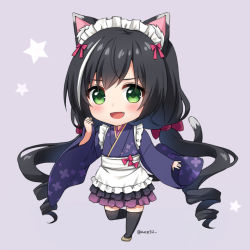 Rule 34 | 1girl, :d, animal ears, anz32, apron, bad id, bad pixiv id, black hair, black thighhighs, blush, bow, brown footwear, cat ears, cat girl, cat tail, chibi, commentary request, commission, fang, floral print, frilled apron, frills, full body, gradient background, green eyes, hair bow, japanese clothes, karyl (princess connect!), kimono, long hair, long sleeves, looking at viewer, low twintails, maid headdress, multicolored hair, open mouth, princess connect!, print kimono, purple background, purple kimono, red bow, ringlets, shoes, sleeves past wrists, smile, solo, standing, standing on one leg, star (symbol), starry background, streaked hair, tail, thighhighs, twintails, twitter username, very long hair, white apron, white hair, wide sleeves