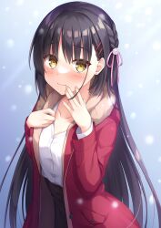 Rule 34 | 1girl, arm up, black hair, blush, braid, breasts, brown skirt, cafe stella to shinigami no chou, cleavage, coat, collarbone, cowboy shot, earrings, eyelashes, finger to mouth, fingernails, flower, fur collar, gyaoo yuzu soft, hair between eyes, hair flower, hair ornament, hairpin, hand on own chest, high-waist skirt, highres, jewelry, light smile, lips, long hair, looking at viewer, medium breasts, mole, mole under eye, multiple hairpins, pink ribbon, red coat, ribbon, rose, shiki natsume, shirt, shirt slip, side braid, sidelocks, skirt, smile, snowing, solo, standing, straight hair, stud earrings, very long hair, white flower, white rose, white shirt, yellow eyes