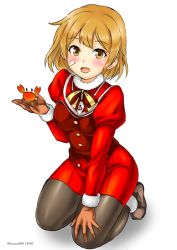 Rule 34 | bandaid, bandaid on face, black pantyhose, boots, breasts, brown eyes, crab, dress, gloves, kantai collection, kneeling, kudou (ooabareteng), long sleeves, looking at viewer, oboro (kancolle), open mouth, orange hair, pantyhose, red dress, santa costume, short hair, simple background, small breasts, smile, white background