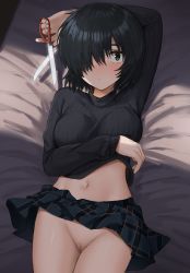 Rule 34 | 1girl, absurdres, arm over head, bed, black hair, black sweater, blush, bottomless, breasts, censored, green eyes, hair over one eye, highres, large breasts, long sleeves, looking to the side, lying, midriff, mosaic censoring, navel, nazo no kanojo x, on back, pleated skirt, pussy, scissors, shengtian, short hair, skirt, solo, sweater, urabe mikoto