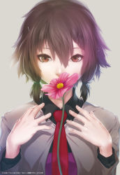 Rule 34 | 1girl, artist name, atashira yuuutsu chuugakusei, black shirt, brown eyes, brown hair, collared shirt, copyright name, cover, cover page, covered mouth, eyelashes, fingernails, flower, hair between eyes, hair ornament, hair tie, hairclip, hands on own chest, layered clothes, long sleeves, looking at viewer, low twintails, necktie, nilitsu, novel cover, official art, original, red necktie, shirt, short hair, simple background, solo, twintails