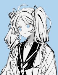 Rule 34 | 1girl, bad id, bad pixiv id, blazer, blue background, blue eyes, closed mouth, jacket, looking to the side, lunch (lunchicken), original, sailor collar, sailor shirt, shirt, simple background, solo, twintails, upper body