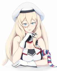 Rule 34 | 1girl, arm scarf, beret, black gloves, blonde hair, blue eyes, breasts, dress, gloves, hair between eyes, hat, highres, kantai collection, large breasts, long hair, looking at viewer, mole, mole under eye, mole under mouth, multicolored clothes, multicolored gloves, multicolored scarf, pom pom (clothes), richelieu (kancolle), scarf, solo, strapless, strapless dress, upper body, white gloves, yakuto007