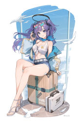 1991_(blz) 1girl bare_legs belt blue_archive breasts cutoff_jeans cutoffs diorama halo highres holding holding_phone jacket mechanical_halo midriff navel on_suitcase phone puffy_sleeves purple_hair sandals sitting solo twintails yuuka_(blue_archive)