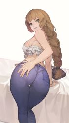 Rule 34 | 1girl, absurdres, arm support, ass, bag, bent over, bracelet, braid, braided ponytail, breasts, brown hair, come hither, controlline3, crop top, denim, from behind, green eyes, hand on own ass, handbag, highleg, highleg panties, highres, jeans, jewelry, large breasts, long hair, looking at viewer, looking back, original, panties, pants, parted lips, seductive smile, sideboob, single braid, skindentation, smile, solo, string panties, thigh gap, underwear