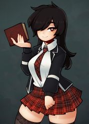 Rule 34 | 1girl, absurdres, black hair, black thighhighs, blush, book, borrowed character, breasts, bright pupils, closed mouth, collared shirt, commission, d-floe, highres, holding, holding book, large breasts, lips, long hair, long sleeves, looking at viewer, necktie, original, red eyes, red necktie, red skirt, shirt, skirt, smile, solo, thighhighs, white pupils, white shirt