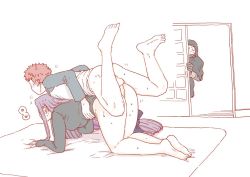 Rule 34 | 1girl, 2boys, all fours, barefoot, black sweater, bottomless, breasts, caught, doggystyle, emiya shirou, fate/stay night, fate (series), futon, hassan of the cursed arm (fate), heart, hetero, hood, long hair, mask, medusa (fate), medusa (rider) (fate), mo (kireinamo), multiple boys, peeking out, penis, purple hair, sex, sex from behind, skull mask, sleeves past wrists, sliding doors, spoken heart, sweat, sweater, uncensored, very long hair