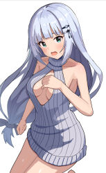 Rule 34 | 1girl, bare shoulders, blue eyes, blue hair, blue sweater, blush, breasts, ebifu, hair ornament, hairclip, highres, idolmaster, idolmaster million live!, idolmaster million live! theater days, light blue hair, long hair, looking at viewer, low-tied long hair, medium breasts, meme attire, naked sweater, open-chest sweater, open mouth, shadow, shiraishi tsumugi, simple background, sleeveless, sleeveless sweater, solo, sweater, turtleneck, turtleneck sweater, virgin killer sweater, white background