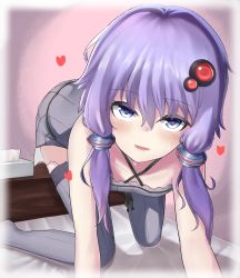 Rule 34 | 1girl, :d, absurdres, all fours, bare shoulders, bed sheet, blue eyes, blush, collarbone, dress, grey dress, grey thighhighs, hair between eyes, hair ornament, halterneck, heart, highres, looking at viewer, low twintails, medium hair, open mouth, paingumi, purple hair, shadow, short dress, smile, solo, sweat, teeth, thighhighs, tissue, tissue box, twintails, vocaloid, voiceroid, yuzuki yukari