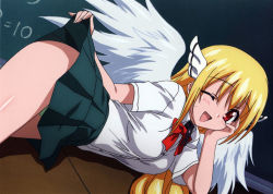 Rule 34 | 1girl, :d, absurdres, angel wings, arm support, astraea (sora no otoshimono), blonde hair, blush, breasts, chalkboard, clothes lift, female focus, green panties, highres, indoors, long hair, looking at viewer, lying, on side, one eye closed, open mouth, panties, pantyshot, plaid, plaid skirt, red eyes, ribbon, school uniform, shirt, skirt, skirt lift, smile, solo, sora no otoshimono, thighs, underwear, wings, wink