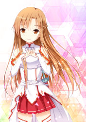 Rule 34 | 10s, 1girl, armor, asuna (sao), brown eyes, brown hair, detached sleeves, own hands clasped, own hands together, skirt, smile, solo, sword, sword art online, thighhighs, uehara yukihiko, weapon