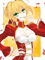 Rule 34 | 1girl, ahoge, artoria pendragon (all), artoria pendragon (fate), bad drawr id, bad id, blonde hair, border, cleavage cutout, closed mouth, clothing cutout, corset, dress, falling petals, fate/extra, fate (series), flower, green eyes, hair bun, hand on own hip, hand up, head tilt, juliet sleeves, kakaaru, long sleeves, looking at viewer, mouth hold, nero claudius (fate), nero claudius (fate) (all), nero claudius (fate/extra), oekaki, outside border, petals, puffy sleeves, red dress, red flower, saber (fate), short hair, sidelocks, solo, upper body, white border, yellow background