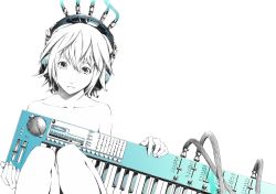 Rule 34 | 1girl, cable, collarbone, colored skin, female focus, fingernails, grey eyes, headphones, instrument, keyboard, keyboard (instrument), looking at viewer, monochrome, nail polish, original, parted lips, partially colored, short hair, simple background, sitting, solo, sousou (sousouworks), white background, white nails, white skin