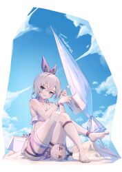 Rule 34 | 1girl, absurdres, adapted costume, bare arms, bare shoulders, beach umbrella, bikini, blue sky, caisena, candy, character doll, cloud, commentary, day, fishnets, food, grey eyes, grey hair, hair ribbon, head tilt, highres, holding, holding candy, holding food, holding lollipop, honkai: star rail, honkai (series), knees up, lollipop, long hair, looking at viewer, purple ribbon, ribbon, silver wolf (honkai: star rail), single-shoulder bikini, single strap, sky, smile, solo, thigh strap, thighs, umbrella