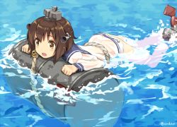 Rule 34 | 10s, 1girl, amagai tarou, barrel, brown eyes, brown hair, clothes writing, dress, drum (container), hair ornament, kantai collection, open mouth, panties, rope, sailor dress, see-through, short hair, solo, swimming, underwear, water, yukikaze (kancolle)
