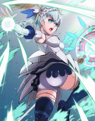 Rule 34 | 1girl, ass, blue eyes, braid, crown braid, grey hair, head wings, highres, juliet sleeves, long sleeves, magic, melia antiqua, mercury xeno, o-ring, puffy sleeves, solo, staff, thighhighs, wings, xenoblade chronicles: future connected, xenoblade chronicles (series), xenoblade chronicles 1