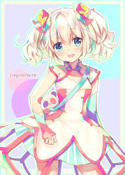 Rule 34 | 1girl, :d, artist name, bag, blue eyes, blush, detached sleeves, dress, hagino kouta, hair between eyes, hair ornament, head tilt, highres, light brown hair, long sleeves, looking at viewer, open mouth, original, shoulder bag, sleeveless, sleeveless dress, sleeves past wrists, smile, solo, twintails, white dress