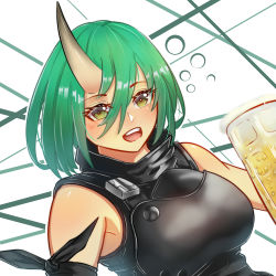 Rule 34 | 1girl, alcohol, alternate hair length, alternate hairstyle, arknights, armor, beer, breastplate, commentary, cup, drunk, english commentary, eyelashes, female focus, green eyes, green hair, hair between eyes, highres, horns, hoshiguma (arknights), looking at viewer, mug, najashi, oni, short hair, skin-covered horns, smile, solo