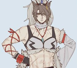 Rule 34 | 1boy, absurdres, animal ears, arknights, bare shoulders, black gloves, blue background, camisole, cat ears, choker, commentary request, cosplay, crossdressing, detached sleeves, gloves, grey hair, highres, kirin r yato (arknights), kirin r yato (arknights) (cosplay), looking at viewer, male focus, material growth, midriff, monster hunter (series), navel, oripathy lesion (arknights), phantom (arknights), prouxtato, short hair, simple background, single sleeve, solo, stomach, upper body, white choker, yato (arknights), yellow eyes