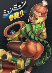 Rule 34 | 1girl, arms (game), ass, beanie, blonde hair, breasts, covered erect nipples, dragon (arms), green eyes, hat, leg up, min min (arms), nintendo, niur, pantyhose, pantyhose under shorts, pantylines, ramram (arms), shoes, short hair, shorts, smile, sneakers, solo, super smash bros., translation request