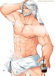 Rule 34 | 1boy, abs, absurdres, armpit peek, bara, bare pectorals, beard, bulge, cid nan garlond, cup, facial hair, feet out of frame, final fantasy, final fantasy xiv, hand on own head, highres, holding, holding cup, large pectorals, looking at viewer, male focus, male pubic hair, mature male, medium hair, muscular, muscular male, mustache, naked towel, navel, navel hair, nipples, pectorals, ppyong, pubic hair, pubic hair peek, silver hair, solo, steam, stomach, thighs, towel, towel around waist, towel on head, wet, white background