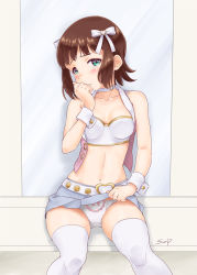 Rule 34 | 1girl, amami haruka, blush, breasts, brown hair, choker, cleavage, closed mouth, clothes lift, collarbone, green eyes, grey skirt, hair ornament, hair ribbon, heart, heart choker, heart hair ornament, highres, idolmaster, idolmaster (classic), lifting own clothes, looking at viewer, midriff, miniskirt, navel, panties, pink diamond 765, pleated skirt, ribbon, shiny skin, short hair, sitting, skirt, skirt lift, small breasts, solo, stomach, sunsun69, thighhighs, underwear, white choker, white panties, white ribbon, white thighhighs