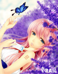 Rule 34 | 1girl, blue eyes, bug, butterfly, butterfly on hand, digital media player, earbuds, earphones, earrings, flower, insect, ipod, jewelry, long hair, megurine luka, pink hair, rail (silverbow), smile, solo, tattoo, treble clef, vocaloid