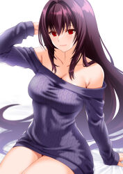 Rule 34 | 1girl, bare shoulders, breasts, cleavage, collarbone, engo (aquawatery), fate/grand order, fate (series), hair between eyes, highres, large breasts, long hair, long sleeves, looking at viewer, off-shoulder sweater, off shoulder, purple hair, purple sweater, red eyes, scathach (fate), smile, solo, sweater, thighs
