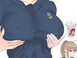 Rule 34 | 1girl, ahoge, anchor symbol, breast hold, breasts, collarbone, covered erect nipples, grabbing own breast, highres, intrepid (kancolle), kantai collection, kilroylw, large breasts, milkshake, ponytail, signature, simple background, solo, sweat, thought bubble, weight conscious, wendy&#039;s, white background
