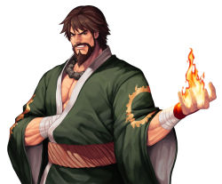 Rule 34 | 1boy, arm wrap, beard, brown eyes, brown hair, commentary request, cowboy shot, evilgun, facial hair, fire, green kimono, grin, hand under clothes, highres, japanese clothes, kimono, kusanagi saishu, long sideburns, long sleeves, looking at viewer, pectoral cleavage, male focus, mustache, obi, pectorals, print kimono, pyrokinesis, sash, short hair, sideburns, simple background, smile, smug, solo, standing, sun print, teeth, the king of fighters, the king of fighters &#039;95, veins, white background, wide sleeves