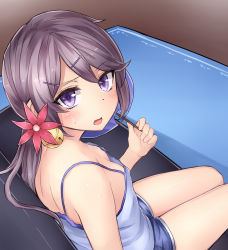 Rule 34 | 10s, 1girl, absurdres, akebono (kancolle), alternate costume, bell, blush, breasts, camisole, couch, downblouse, eyebrows, flower, hair bell, hair flower, hair ornament, hairclip, hand fan, highres, jingle bell, kantai collection, long hair, looking at viewer, neit ni sei, no bra, paper fan, purple eyes, purple hair, rug, short shorts, shorts, side ponytail, sitting, sleeveless, small breasts, solo, spaghetti strap, sweat, tsurime, uchiwa