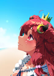 Rule 34 | 1girl, absurdres, ahoge, beach, black horns, blue eyes, blue sky, blurry, blush, breasts, cloud, collarbone, commentary request, crescent, crescent hair ornament, crown, day, depth of field, frills, hair between eyes, hair ornament, heterochromia, highres, horns, looking up, medium breasts, mini crown, na2 tomato, nijisanji, outdoors, parted lips, portrait, profile, red eyes, red hair, sky, solo, tearing up, tears, two side up, virtual youtuber, yuzuki roa
