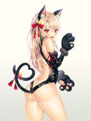Rule 34 | 1girl, animal ears, animal hands, back, backless outfit, bad id, bad pixiv id, bare back, bare shoulders, bell, black gloves, black leotard, blonde hair, bow, butt crack, cat ears, cat tail, closed eyes, cowboy shot, dangeroes beast (illya), elbow gloves, fang, fate/kaleid liner prisma illya, fate (series), gloves, hair bell, hair bow, hair ornament, highres, illyasviel von einzbern, jingle bell, kemonomimi mode, leotard, long hair, looking at viewer, mellozzo, official alternate costume, paw gloves, red bow, red eyes, red ribbon, ribbon, simple background, solo, standing, tail, tail bell, tail ornament, tail ribbon, yellow background