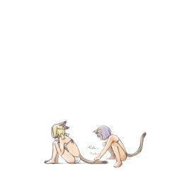 Rule 34 | 00s, 2girls, animal ears, bad id, bad pixiv id, blonde hair, cat girl, comic, final fantasy, final fantasy xi, mithra (ff11), multiple girls, nucomas, purple hair, simple background, sitting, tail, tail grab, white background