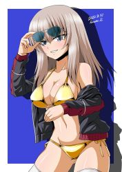 Rule 34 | 1girl, alternate costume, bare shoulders, bikini, blue eyes, breasts, cleavage, commentary request, dated, girls und panzer, gluteal fold, gold bikini, grey hair, highres, itsumi erika, jacket, kamishima kanon, large breasts, looking at viewer, medium hair, navel, open clothes, open jacket, partial commentary, signature, solo, sunglasses, thighhighs, track jacket, white thighhighs
