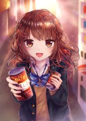 Rule 34 | 1girl, :d, absurdres, black jacket, blazer, blue bow, blurry, blurry background, bow, braid, brown eyes, brown hair, can, canned coffee, coffee, drink can, hair ornament, hair ribbon, hairclip, hand up, highres, holding, holding can, jacket, long hair, looking at viewer, moe2019, open mouth, original, raki1102mi, red ribbon, ribbon, school uniform, smile, solo, standing, striped, striped bow, upper body