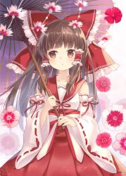 Rule 34 | 1girl, alternate costume, blunt bangs, blush, bow, brown eyes, brown hair, collarbone, commentary request, detached sleeves, eyelashes, fingernails, flower, frilled bow, frilled hair tubes, frills, hair bow, hair tubes, hakurei reimu, holding, holding umbrella, japanese clothes, long hair, looking at viewer, looking to the side, miko, mimi (mimi puru), oil-paper umbrella, open mouth, pleated skirt, red bow, red flower, red ribbon, red skirt, ribbon, ribbon-trimmed sleeves, ribbon trim, sidelocks, skirt, solo, standing, touhou, umbrella, white background, white sleeves, wide sleeves