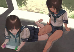 Rule 34 | 2girls, black skirt, blue sailor collar, blunt bangs, brown hair, commentary request, handheld game console, hatsuyuki (kancolle), highres, holding, holding handheld game console, kantai collection, leg between thighs, legs, long hair, looking at another, miyuki (kancolle), multiple girls, nintendo switch, open mouth, sailor collar, school uniform, serafuku, shiden (sashimi no wife), short hair, short sleeves, sitting, skirt, smile, swimsuit, swimsuit under clothes, tan, tanline, thighs
