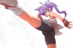 Rule 34 | 1girl, ahoge, ass, bandaid, bandaid on cheek, bandaid on face, bare shoulders, black shorts, borrowed character, breasts, cameltoe, clenched teeth, commentary request, fingerless gloves, gloves, green eyes, gym shorts, kicking, long hair, medium breasts, motion blur, original, purple hair, shoes, shorts, socks, solo, standing, standing on one leg, sumiyao (amam), teeth, twintails, umizakura tachimi, white hair, white socks