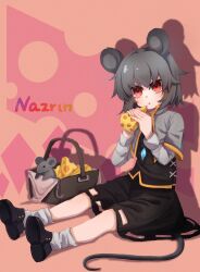 Rule 34 | 1girl, absurdres, animal ears, basket, black footwear, black skirt, black vest, blush, capelet, cheese, commentary request, crystal, expressionless, flat chest, food, full body, grey capelet, grey hair, hair between eyes, highres, holding, holding food, long bangs, long sleeves, looking at viewer, mouse (animal), mouse ears, mouse girl, mouse tail, nazrin, open mouth, red eyes, shirt, shoes, short hair, sitting, skirt, socks, solo, tail, touhou, vest, white shirt, white socks, yig (517995842)