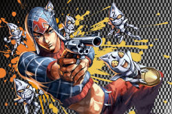 Rule 34 | 1boy, blue eyes, bullet, clenched hands, clenched teeth, crop top, finger on trigger, foreshortening, grin, guido mista, gun, handgun, hat, jojo no kimyou na bouken, male focus, manly, midriff, open mouth, revolver, ruukii drift, sex pistols, sex pistols (stand), smile, stand (jojo), teeth, vento aureo, weapon