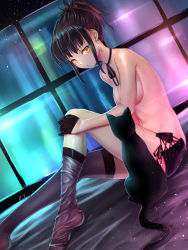 Rule 34 | 1girl, black cat, black gloves, black hair, black ribbon, breasts, cat, clothing cutout, cross-laced clothes, cross-laced cutout, earrings, female focus, from side, gloves, highres, jewelry, looking at viewer, medium breasts, microskirt, mitake eil, navel, neck ribbon, no panties, original, ponytail, ribbon, short ponytail, short shorts, shorts, sidelocks, sitting, skirt, solo, thighhighs, thighhighs pull, topless, yellow eyes