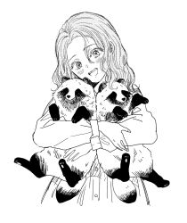 Rule 34 | 1girl, :d, animal, bad id, bad twitter id, blush, fingernails, greyscale, head tilt, highres, holding, holding animal, long sleeves, looking at viewer, medium hair, monochrome, nikaidou kou, open mouth, original, simple background, smile, solo, tanuki (ame to kimi to), white background
