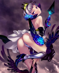 Rule 34 | 1girl, armor, armored dress, ass, crown, dress, greaves, gwendolyn (odin sphere), looking back, multicolored wings, odin sphere, panties, pantyshot, partially visible vulva, polearm, purple eyes, short hair, silver hair, skirt, solo, spear, strapless, strapless dress, thighhighs, tomiyama akiji, underwear, upskirt, weapon, wings