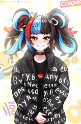 Rule 34 | 1girl, absurdres, belt collar, black hair, black jacket, black shirt, blue eyes, blush, closed mouth, colgate, collar, commentary, drip (meme), emoji, emotional engine - full drive, english commentary, fate/grand order, fate (series), hair ornament, hairclip, highres, jacket, knot, leather belt, long hair, long sleeves, looking at viewer, meme, multicolored hair, nueos, ok sign, open clothes, open jacket, patreon username, red hair, sei shounagon (fate), shirt, smile, smug, solo, sparkle, supreme (brand), twintails, twitter username, v arms, wheeze emoji, yellow eyes